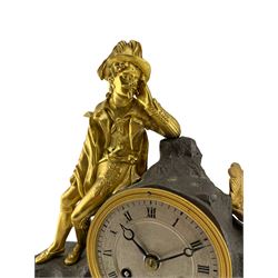 Louis Phillipe – 8-day French striking mantle clock circa 1840, with a figure of an 18th century seated gallant in contemplation, silvered dial with Roman numerals and steel hands, twin barrel striking movement with a silk suspension and countwheel strike on a bell. With pendulum.