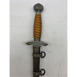  Replica German Third Reich Luftwaffe dagger , the blade inscribed W.K.C. Solingen, 25cm blade, orange celluloid grip, eagle cross guard and swastika pommel, the scabbard with two suspension rings.
We understand that this was brought back from Germany by the vendor's father circa 1945