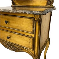 Pair of French design giltwood bedside stands, the shaped back decorated with pierced scrolling foliage and shell cartouche pediment, fitted with two small shaped shelves, grey variegated marble top with shaped and moulded edge over two drawers, shaped apron decorated with flower heads, on cabriole supports