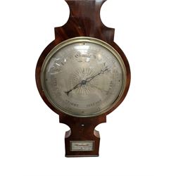 Mid 19th century - mahogany cased four glass barometer, with a swans neck pediment and brass finial,  silvered register signed J Mangiacavalli, 17 Leather lane Holborn, with a mercury boxed thermometer, spirit level and hygrometer.  Syphon tube intact and mercury present.