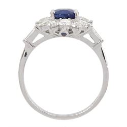 18ct white gold oval sapphire and round brilliant cut diamond cluster ring, with tapered baguette cut diamond shoulders, stamped 750, sapphire approx 2.25 carat, total diamond weight approx 0.95 carat