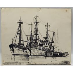 Jack Rigg (British 1927-): Trawlers at Anchor, felt pen signed 50cm x 60cm (unframed), together with signed copy of 'A Brush with Shipping' by Jack Rigg (2)