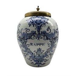 18th century Dutch Delft tobacco jar and cover, labelled 'Rappe' with original brass cover H35cm 