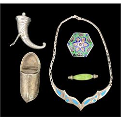 Norwegian pepper pot in the form of a hunting horn with engraved decoration, Dutch silver clog L8cm, hexagonal box with enamel cover, silver and enamel necklace and a Norwegian silve and green enamel brooch