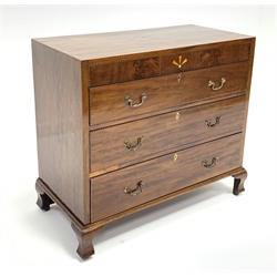 Early 19th century mahogany chest, figured frieze with inlay, three long drawers, raised on ogee bracket feet, W91cm, H83cm, D45cm