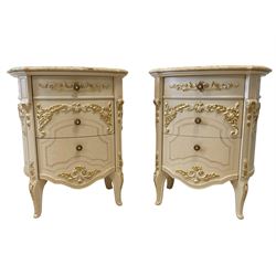 Barnini Oseo - pair French design 'Reggenza' bedside tables, demi-lune marble top, fitted with three graduating drawers, the facias moulded with gilt scrolled foliate decoration, raised on cabriole supports, in cream finish