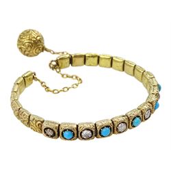 Victorian gold turquoise and diamond bangle, the sprung bangle formed of foliate cast square links, the front set with old cut diamonds and turquoise, secured with a chain with a foliate cast ball, total diamond weight approx 0.70 carat