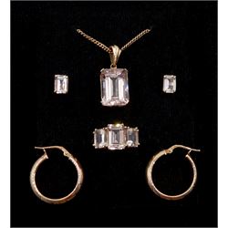 Rose gold morganite three stone ring, pendant necklace and matching earrings and a pair of rose gold hoop earrings all 9ct hallmarked or stamped 375