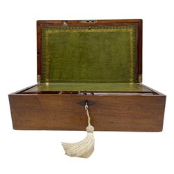 19th century mahogany table  writing box with green leather interior, side drawer and brass handles L40cm