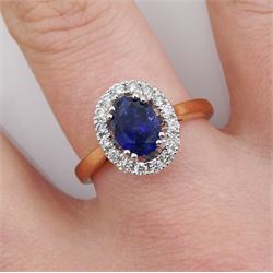 18ct rose gold oval Ceylon sapphire and round brilliant cut diamond cluster ring, with diamond set gallery, hallmarked, sapphire approx 0.30 carat, total diamond weight approx 0.90 carat
