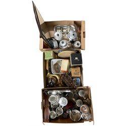 Quantity of metalware including kitchenalia and mirrors in three boxes