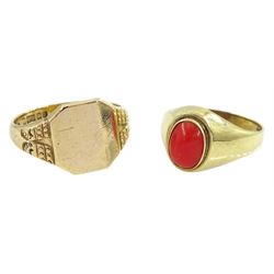 9ct gold signet ring, Birmingham 1995 and an 8ct gold coral ring, stamped 333 (2)