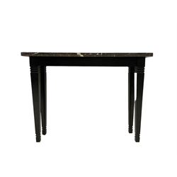 Console side table with rectangular two-tone lacquered marble top on ebonsided tapered supports 
