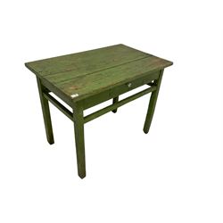 Early 19th century painted pine side table, rectangular top over single drawer, raised on square supports, in forest green finish