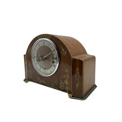 Enfield - English 20th century 8-day Westminster chiming mantle clock in a mahogany and chinoiserie decorated case, with gold highlights, three train movement chiming the quarters on four gong rods, with a conforming circular dial with a silvered chapter, Roman numerals, chrome baton hands within a chrome bezel with a convex glass. With pendulum.