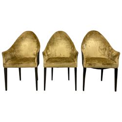 Diana Zabarella for Reflex Angelo - set six 'Peggy' dining chairs, the arched back and arms over padded seat upholstered in gold fabric, the exterior in a black faux leather, raised on square tapering ebonised supports
