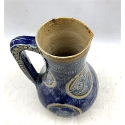 Robert Wallace Martin for Martin Brothers, a stoneware jug, 1876, incised and painted with stylized leaves in roundels on a geometric blue ground, inscribed 67* RW Martin London 5-1876, H24cm
