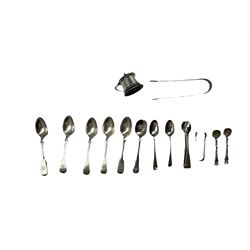 Five silver fiddle pattern teaspoons Sheffield 1897, pair of early 19th century sugar tongs, silver mustard pot and various other sugar tongs and teaspoons 8.4oz