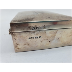 Engine turned silver cigarette box with initials and dated 1949 W14cm London 1922 and another with presentation inscription W13cm Birmingham 1921