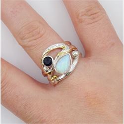 Silver and 14ct gold wire, opal, sapphire and pearl ring, stamped 925