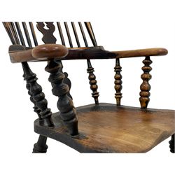 19th century elm and ash Yorkshire Windsor armchair, raised hoop and stick back with pierced splat, the arms supported by turned spindles, dished seat on turned supports joined by double H-stretchers
