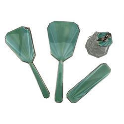 Silver mounted dressing dressing table set with blue and green enamel comprising scent sprayer, hair brush, hand mirror and clothes brush Birmingham 1936 Maker Henry Clifford Davis on a glass rectangular tray