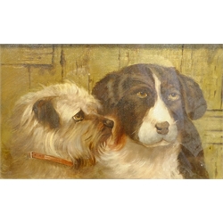 D Hellewell (British early 20th century): Faithful Friends - Portrait of two Dogs, oil on canvas signed 24cm x 39cm 