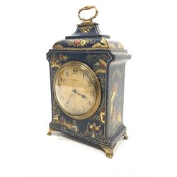 20th century mechanical mantle clock in a blue chinoiserie case, the distressed dial with Arabic chapter ring, retailed by Mappin & Webb W14cm