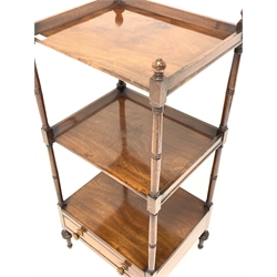  George III mahogany three tier whatnot, with ball finials and ring turned supports, drawer to base, W51cm, H117cm, D43cm  