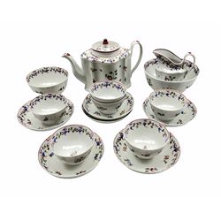 Late 18th/early 19th century New Hall tea set, pattern no. 660, decorated with floral sprays comprising teapot of lobed design, six tea bowls and saucers, milk jug, sugar bowl and slop bowl