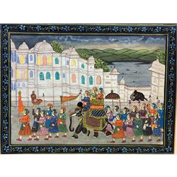 Collection of 5 Indo-Persian paintings on silk including elephant procession scenes together with collection of Persian prints on paper and watercolour on card of a warrior max 28cm x 38cm (9) 