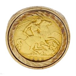 King Edward VII 1908 gold half sovereign, loose mounted in 9ct gold ring, hallmarked