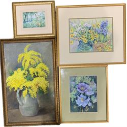 Jean E Tilley (British 20th century): Afghan Poppies and Still Life of Daffodils and Bluebells, two watercolours signed; English School (20th century): Mimosas in a Vase, oil on board signed together with a small print of flowers max 62cm x 37cm (4)