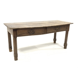 19th century French elm farmhouse kitchen work table, with two frieze drawers, raised on square chamfered supports, 162cm x 67cm, H72cm