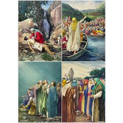 Helen Jacobs BWS (British 1888-1970): Jesus in Palestine - 'Then Jesus Began to Speak' 'A Glorious Light Shone About Them' 'The Samaritan Bound up his Wounds' and 'The Quarrelling Broke Out Again' set four watercolour illustrations for Freda Collins' book of the same title pub. 1948, the former illustrated on the frontispiece, the second unused, 38cm x 27cm, together with a first edition copy of the book (5) (unframed)