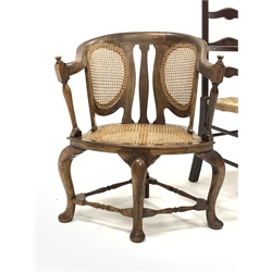 Early 20th century walnut corner armchair, with cane seat and back panels and raised on three cabriole supports and a turned rear support united by stretchers, (W64cm) together with an early 20th century ladderback armchair with string seat (W63cm) and a walnut spinning chair, with floral carved back and seat panels raised on turned supports, (W33cm)