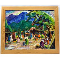 Attrib. Dana Bashon (Jamaican 20th century): Linstead Market in Kingston Jamaica, acrylic impressionist market scene on board 60cm x 75cm