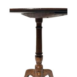 George III oak circular tripod table, on turned support with three cabriole legs