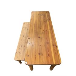 Rectangular pine kitchen table, raised on turned supports (W196cm, H75cm, D68cm) together with pine bench
