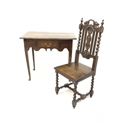 19th century oak side table, moulded top over single drawer and shaped apron, raised on square tapered supports with splayed feet (W87cm) together with an 18th century style carved oak hall chair with spiral turned supports (W45cm)