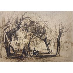 John Skinner Prout (British 1805-1876): Manor Shore York, monochrome lithograph, titled in pencil in the artist's hand with some further pencil additions to the trees 10cm x 14cm