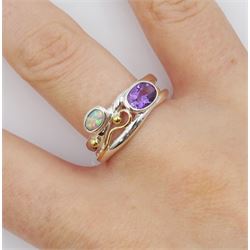 Silver and 14ct gold wire oval amethyst and opal openwork ring, stamped 925