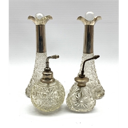 Pair of Edwardian hobnail cut glass scent flasks with silver collars H20cm Birmingham 1907, hobnail cut glass globe atomiser with Sterling silver collar and one other