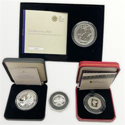 The Royal Mint 2016 brilliant uncirculated Britannia one ounce silver coin, in card box with certificate, 2011 half ounce silver Britannia with Westminster certificate,  Jubilee Mint sterling silver medallion, struck on 31st January 2020, commemorating the United Kingdom leaving the EU, boxed with certificate and a Pobjoy Mint Gibraltar 2020 Penny Black proof sterling silver fifty pence coin, cased with certificate (4)