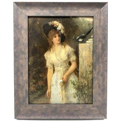 William Oliver (British 1823-1901): Young Lady with Magpie, oil on panel signed 30cm x 22cm