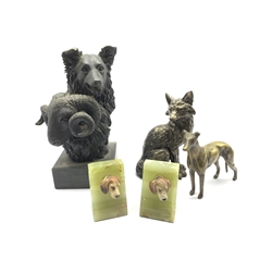 J Anne Butler - Bronzed finish sculpture of a sheep dog and sheep H28cm, pair of onyx bookends with cold painted hounds heads H9cm, Gleneagles Studio model of a fox and a brass model of a greyhound 
