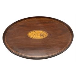 George III oval mahogany galleried tea tray, inlaid to the centre with a large conch shell within a crossbanded border, 68cm x 49cm