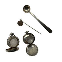 Victorian silver sovereign case, Chester 1889 together with a similar Edwardian example, a stick pin with Charles II silver 1682 two pence terminal, and a George III silver condiment spoon with coin bowl
