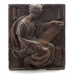 Plaster plaque with a seated female figure holding a scroll titled 'Fame',  67cm x 54cm