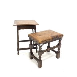  18th century style oak stool with leather upholstered top raised on turned supports and stretchers, (W43cm) together with a small oak occasional table, (W38cm)   
